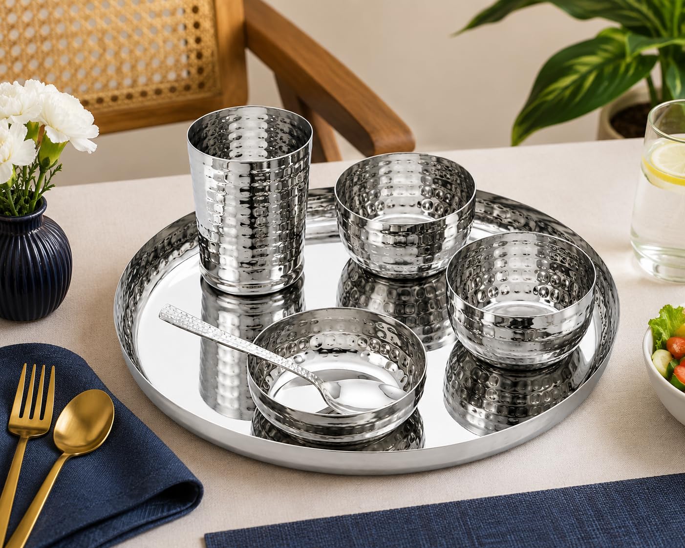Limetro Steel Stainless Steel Hammered Dinner Set(Premium, Set of 6- Serves 1)