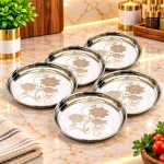 Stainless Steel Dinner Plate Khumcha Plate with Laser Design Set of 6 Plates