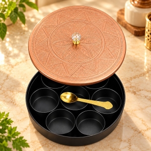 Round Masala Box with Engraved Copper Lid and Spoon